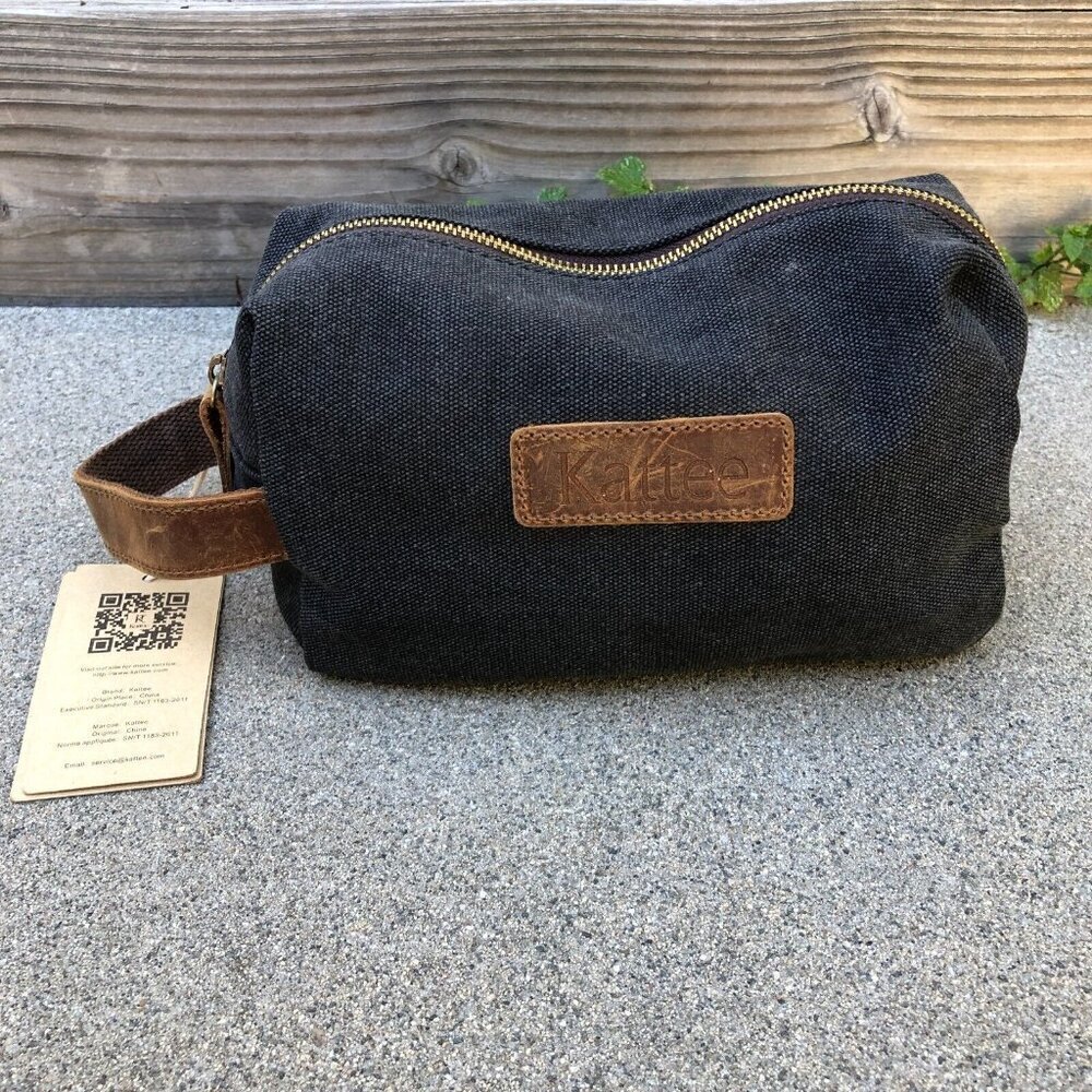 KATTEE Dopp Kit Bag Make Up Toiletry Canvas Pouch Zipper Leather Accent NEW​​​​